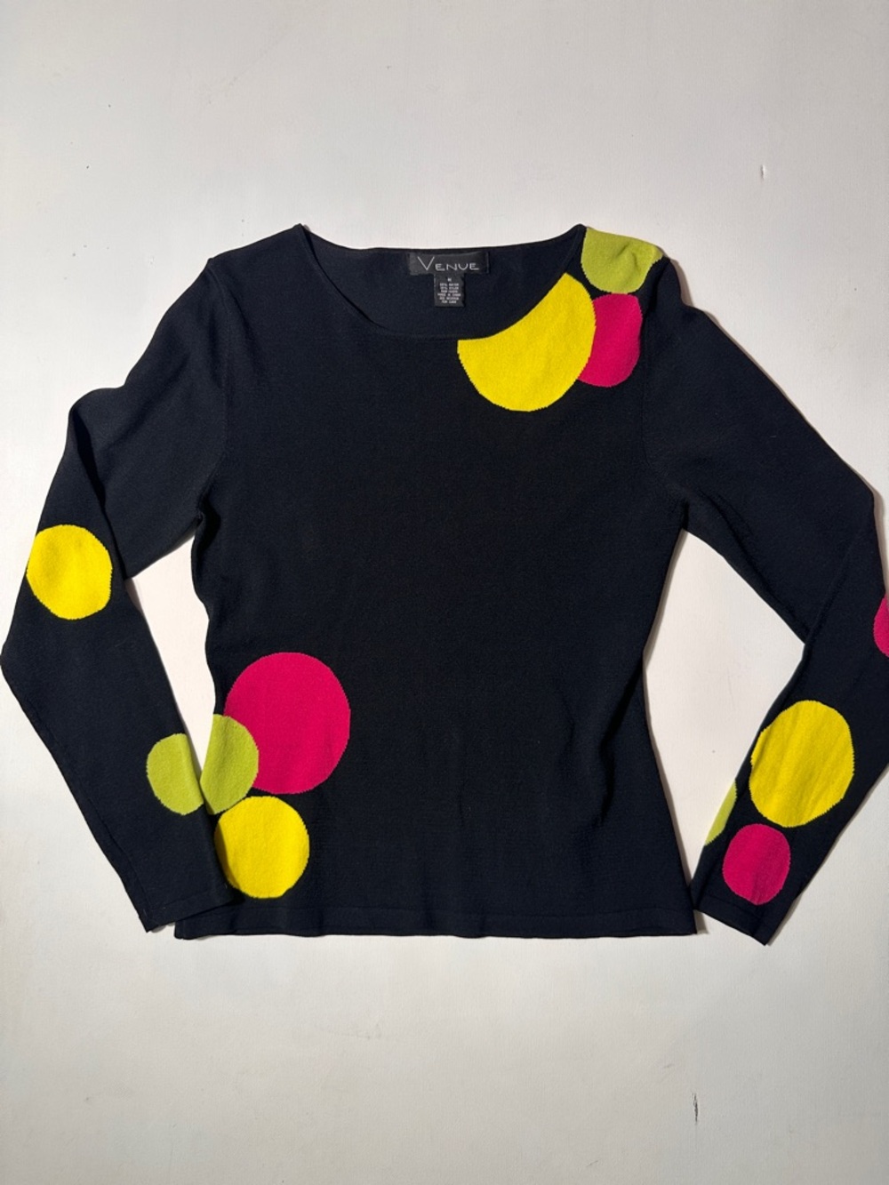 Y2K vintage Avenue Black Long Sleeve Top with Yellow, Pink & Lime Circle Accents